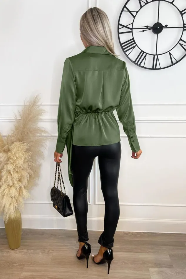 AX Paris Olive Satin Tie Waist Wrap Shirt Women Tops