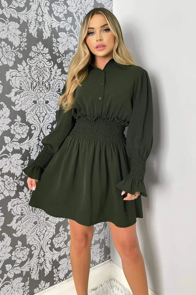 AX Paris Olive Shirred Waist Long Sleeve Shirt Dress Women Dresses