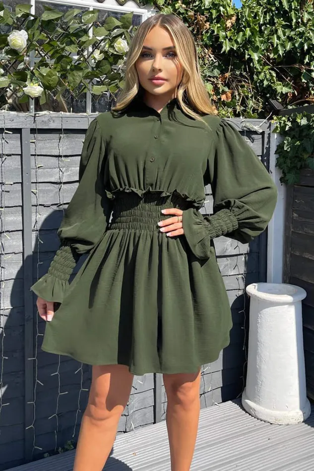 AX Paris Olive Shirred Waist Long Sleeve Shirt Dress Women Dresses