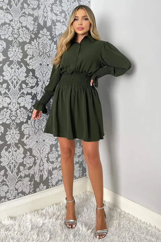 AX Paris Olive Shirred Waist Long Sleeve Shirt Dress Women Dresses