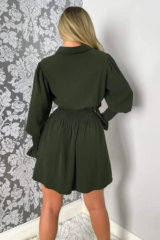 AX Paris Olive Shirred Waist Long Sleeve Shirt Dress Women Dresses