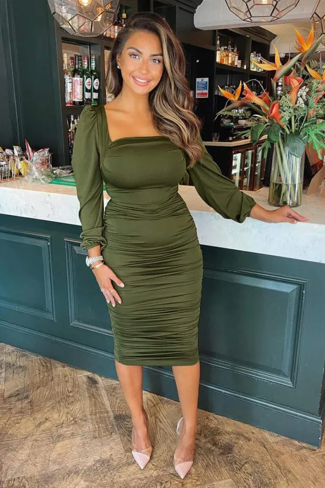 AX Paris Olive Square Neck Ruched Midi Dress Women Dresses