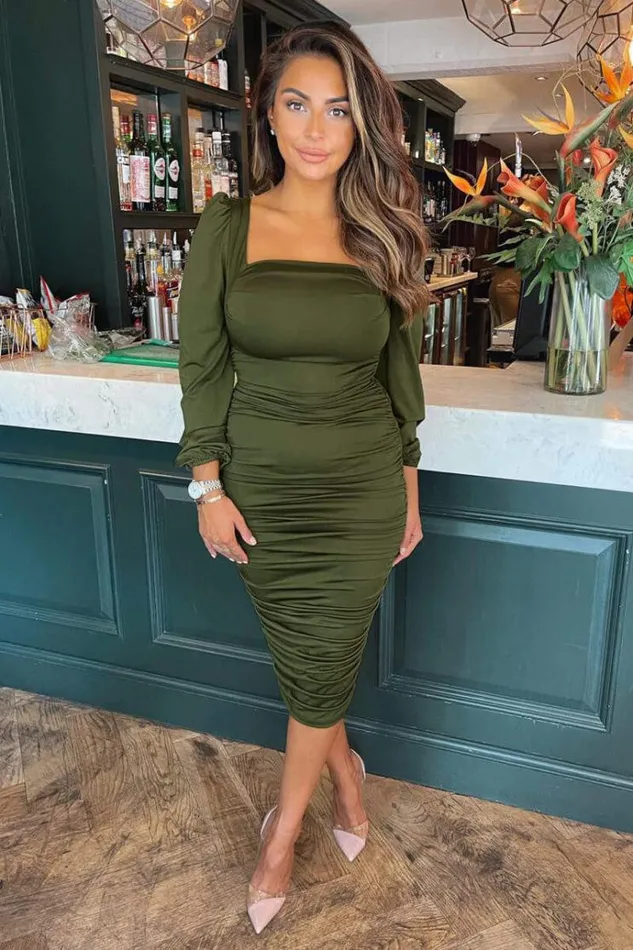AX Paris Olive Square Neck Ruched Midi Dress Women Dresses