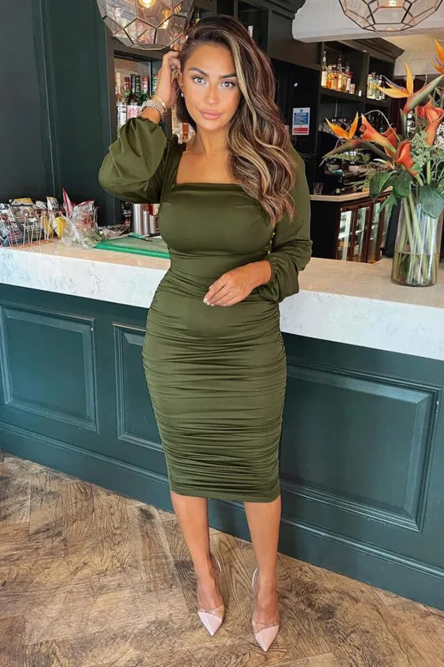 AX Paris Olive Square Neck Ruched Midi Dress Women Dresses