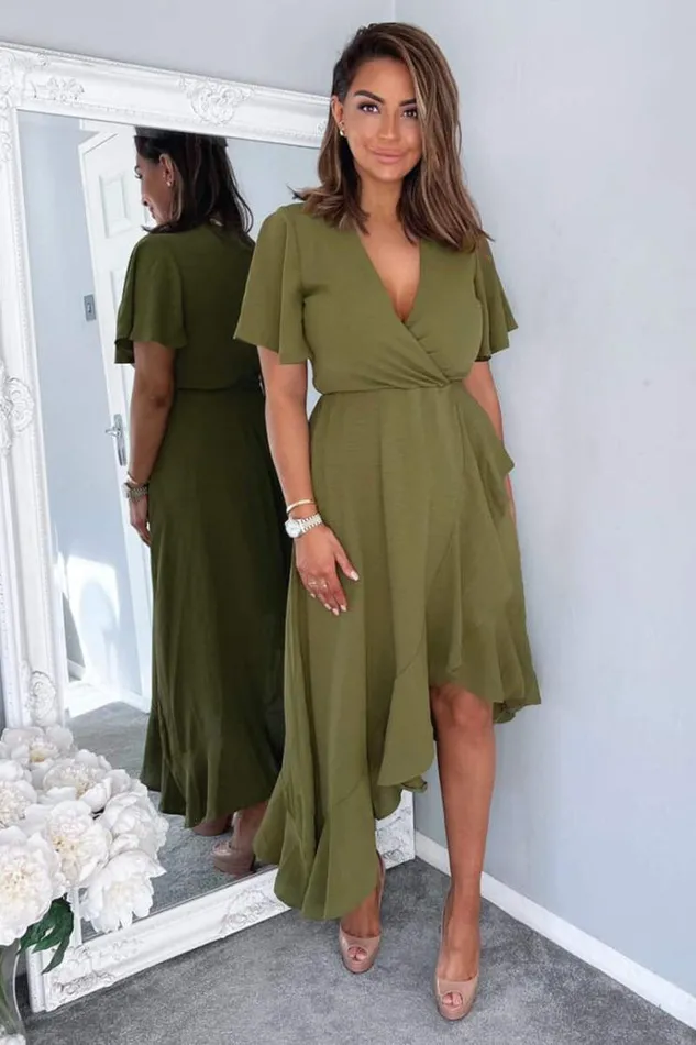 AX Paris Olive Wrap Over Top Frill Hem Midi Dress Women Dresses