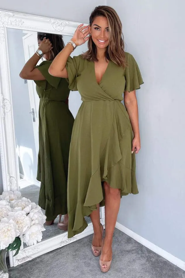 AX Paris Olive Wrap Over Top Frill Hem Midi Dress Women Dresses