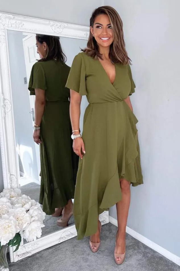 AX Paris Olive Wrap Over Top Frill Hem Midi Dress Women Dresses