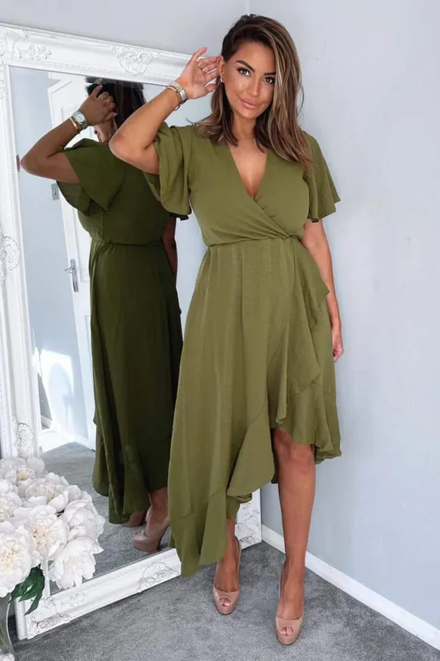 AX Paris Olive Wrap Over Top Frill Hem Midi Dress Women Dresses