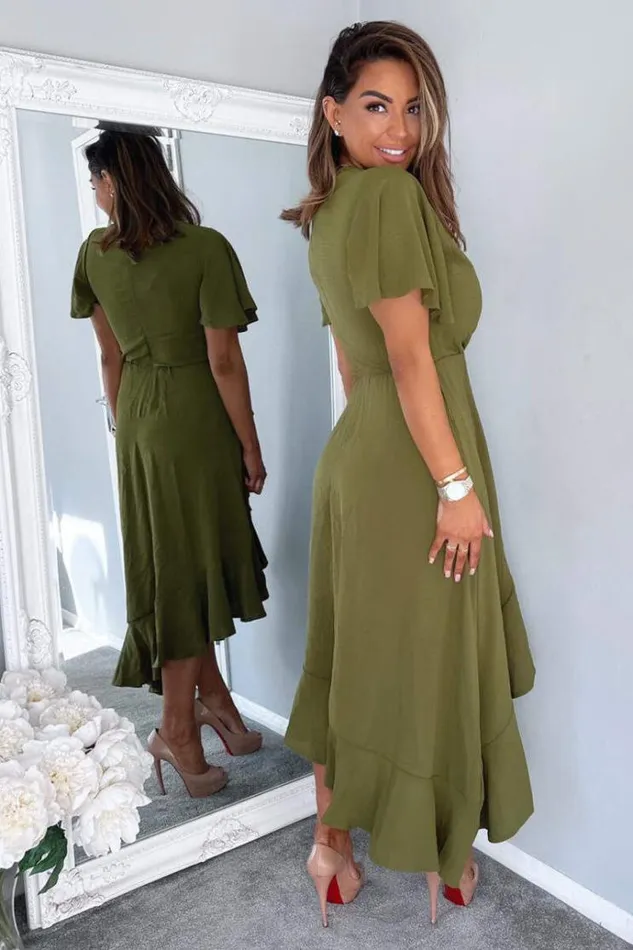 AX Paris Olive Wrap Over Top Frill Hem Midi Dress Women Dresses