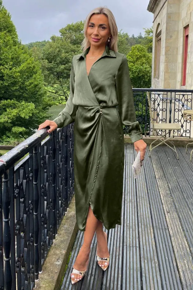 AX Paris Olive Wrap Satin Shirt Midi Dress Women Dresses
