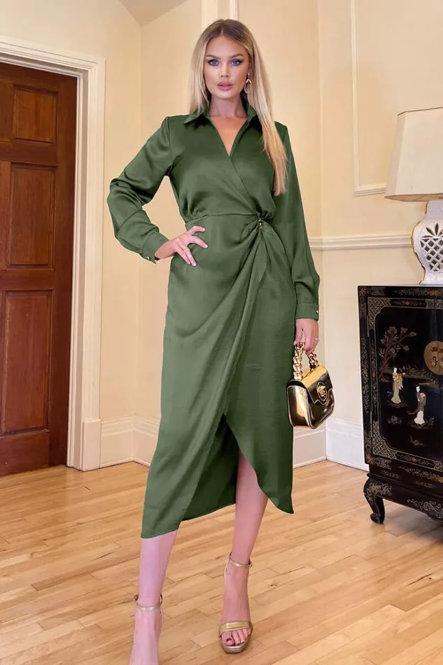 AX Paris Olive Wrap Satin Shirt Midi Dress Women Dresses