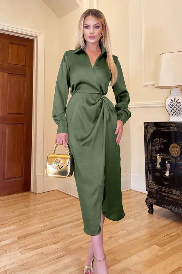 AX Paris Olive Wrap Satin Shirt Midi Dress Women Dresses