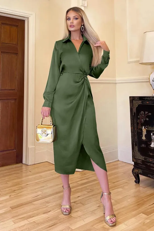 AX Paris Olive Wrap Satin Shirt Midi Dress Women Dresses