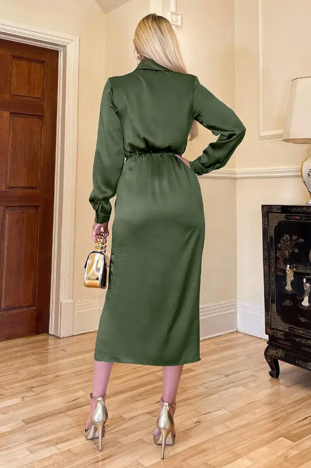 AX Paris Olive Wrap Satin Shirt Midi Dress Women Dresses