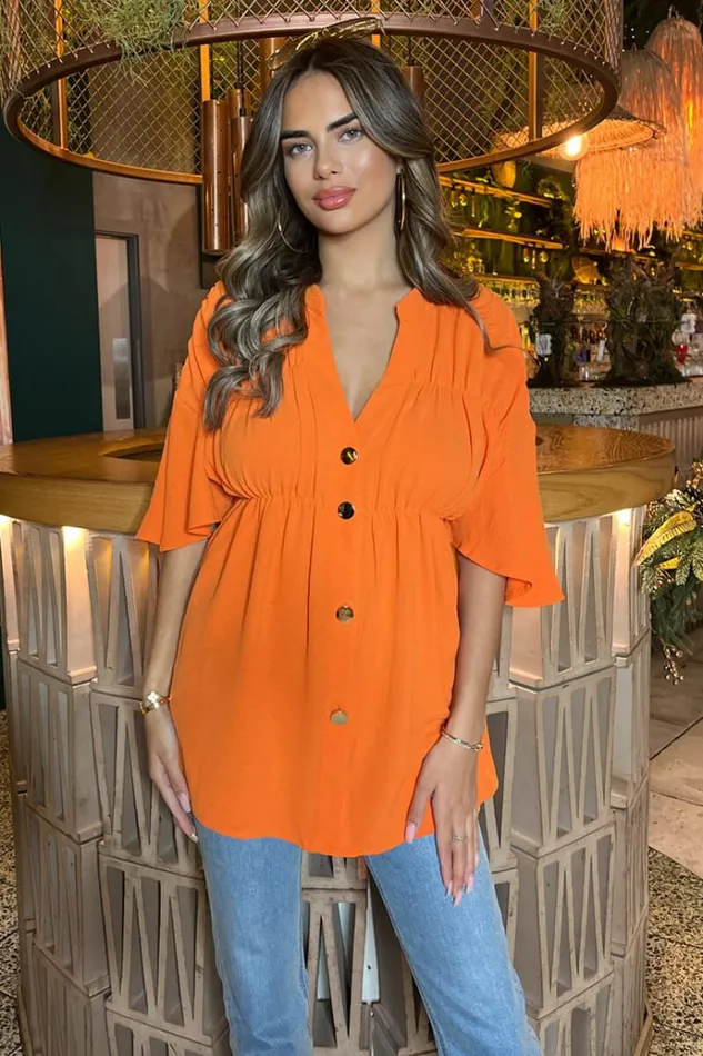AX Paris Orange Button Up Ruched Detail Smock VNeck Top Women Tops