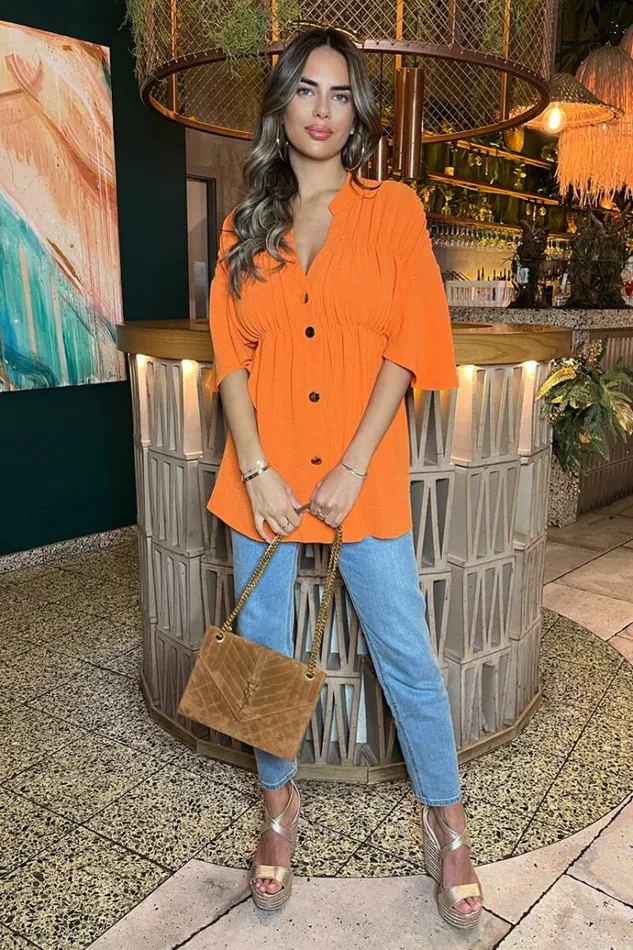 AX Paris Orange Button Up Ruched Detail Smock VNeck Top Women Tops