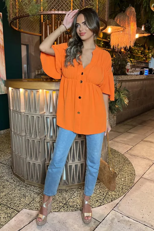 AX Paris Orange Button Up Ruched Detail Smock VNeck Top Women Tops
