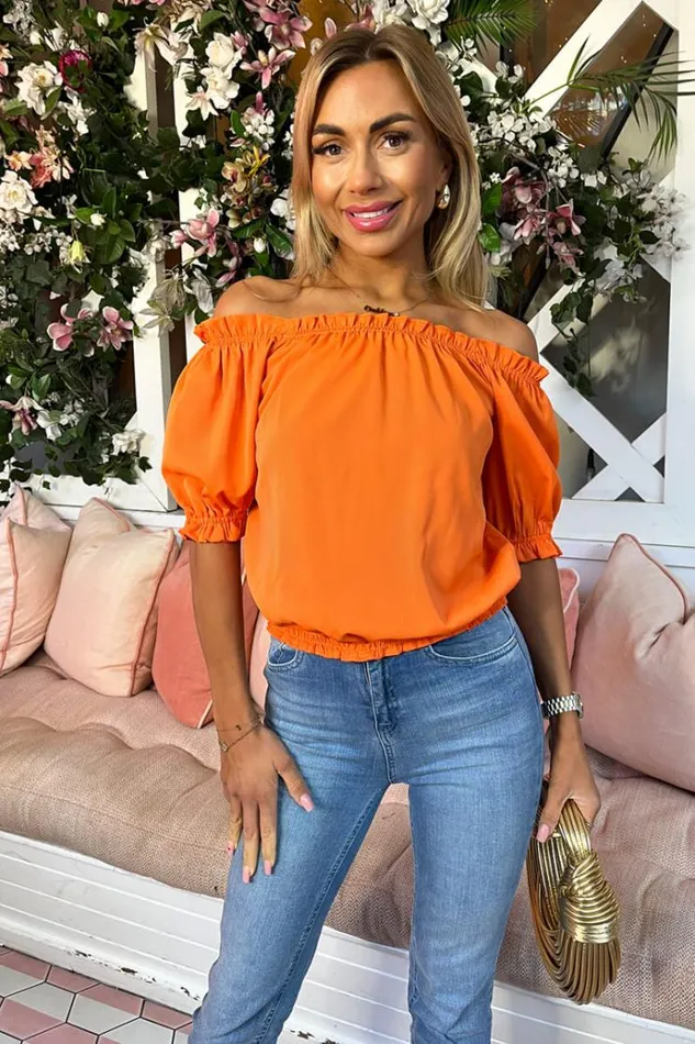 AX Paris Orange Elasticated Off The Shoulder Frill Detail Top Women Tops