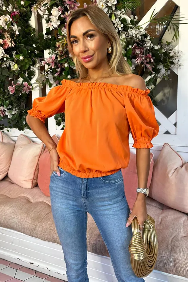 AX Paris Orange Elasticated Off The Shoulder Frill Detail Top Women Tops