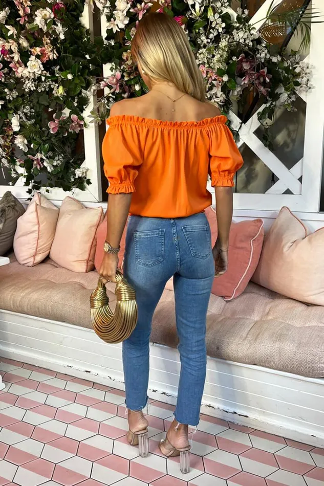 AX Paris Orange Elasticated Off The Shoulder Frill Detail Top Women Tops