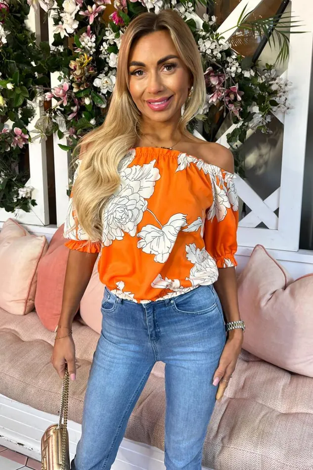 AX Paris Orange Floral Print Elasticated Off The Shoulder Frill Detail Top Women Tops