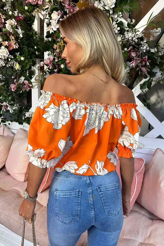 AX Paris Orange Floral Print Elasticated Off The Shoulder Frill Detail Top Women Tops