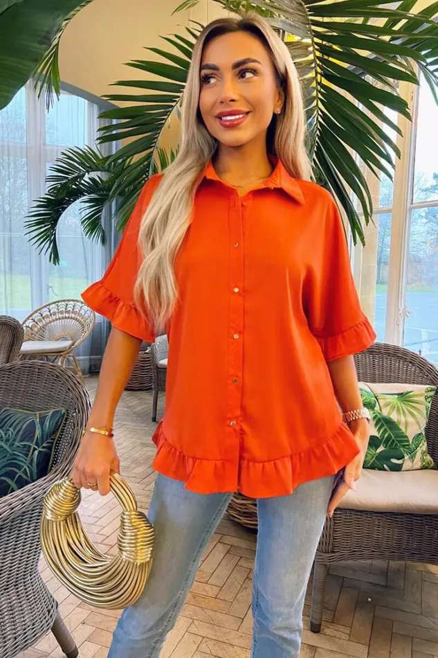 AX Paris Orange Frill Detail Gold Button Front Shirt Women Tops