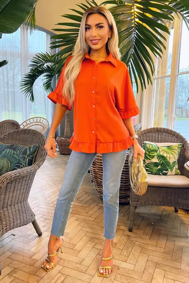 AX Paris Orange Frill Detail Gold Button Front Shirt Women Tops