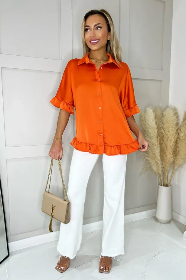 AX Paris Orange Frill Detail Gold Button Front Shirt Women Tops