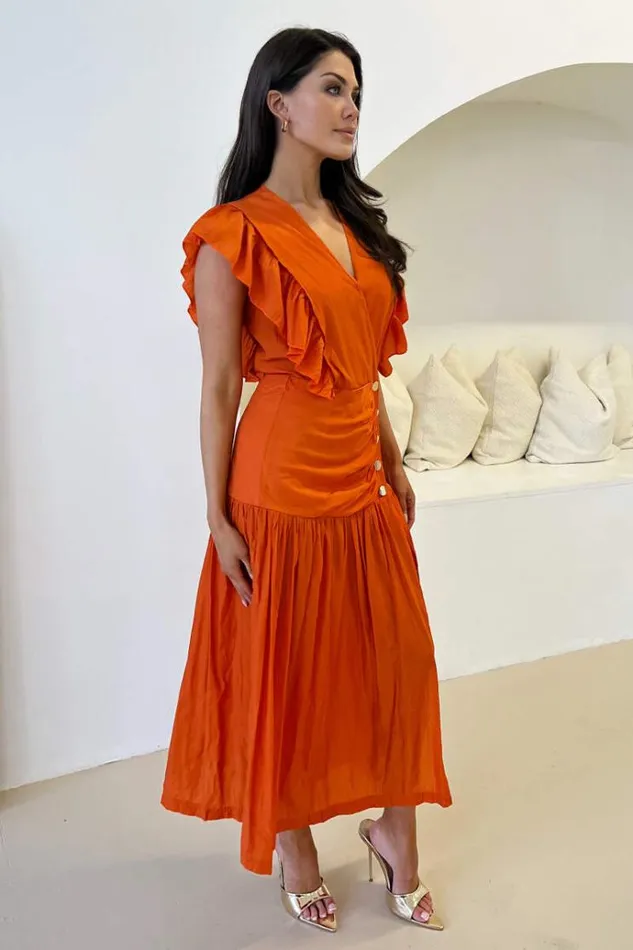 AX Paris Orange Frill Shoulder Button Front Midi Dress Women Dresses