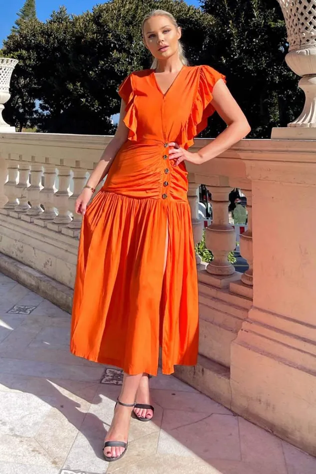 AX Paris Orange Frill Shoulder Button Front Midi Dress Women Dresses