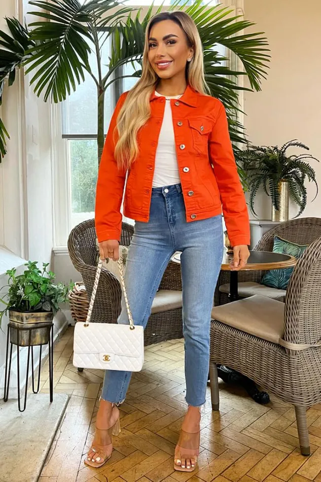 AX Paris Orange Lightweight Denim Jacket Women Coats and Jackets