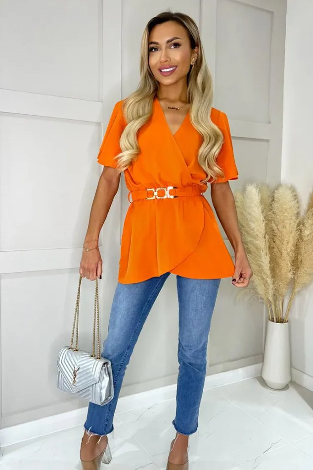 AX Paris Orange Short Sleeve Wrap Belted Top Women Tops