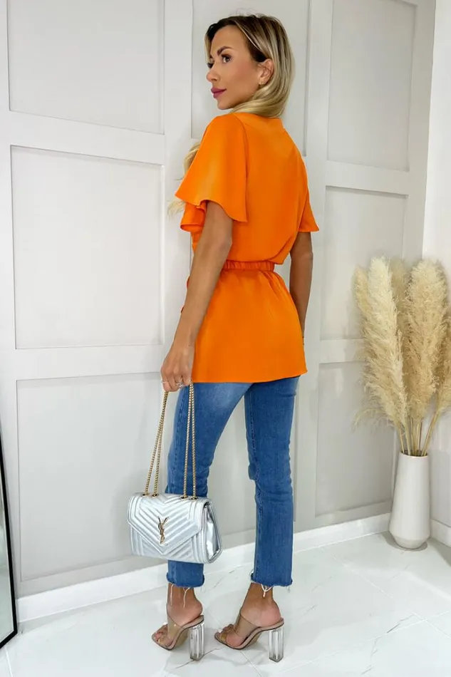 AX Paris Orange Short Sleeve Wrap Belted Top Women Tops
