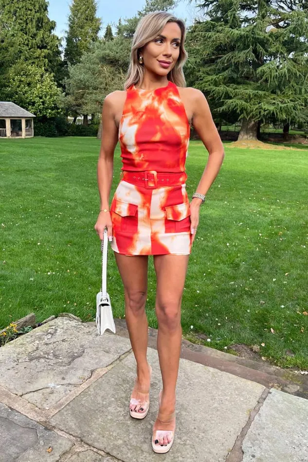 AX Paris Orange Tie Dye Round Neck Belted Skort Cargo Playsuit Women Jumpsuits And Playsuits
