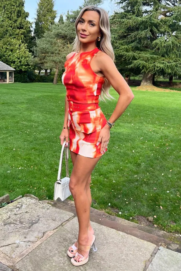 AX Paris Orange Tie Dye Round Neck Belted Skort Cargo Playsuit Women Jumpsuits And Playsuits