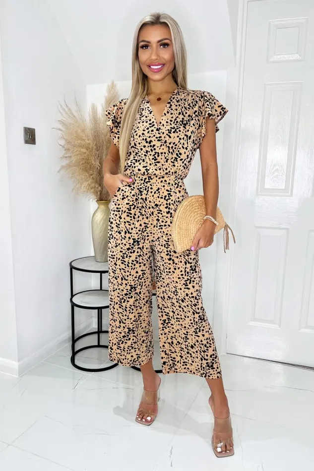 AX Paris Peach And Black Printed V Neck Frill Sleeve Jumpsuit Women Jumpsuits And Playsuits AX Paris Peach And Black Printed V Neck Frill Sleeve Jumpsuit Women Jumpsuits And Playsuits