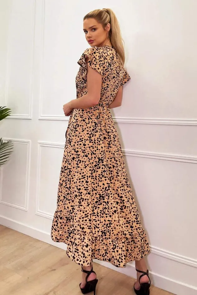 AX Paris Peach And Black Printed Wrap Over Frill Hem Short Sleeve Midi Dress Women Dresses
