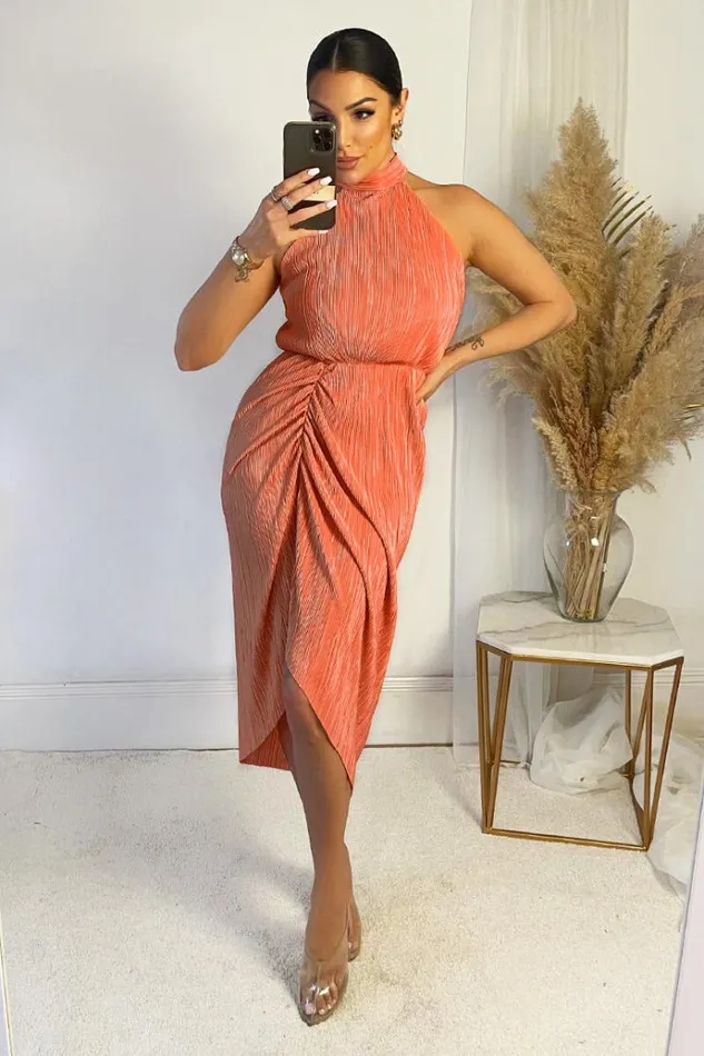 AX Paris Peach Halter Neck Plisse Gathered Midi Dress Women Dresses