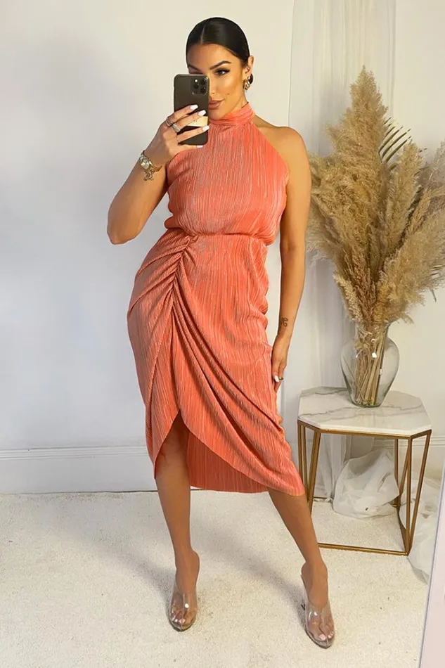 AX Paris Peach Halter Neck Plisse Gathered Midi Dress Women Dresses