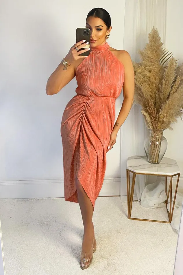 AX Paris Peach Halter Neck Plisse Gathered Midi Dress Women Dresses