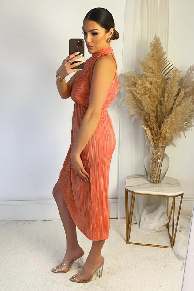 AX Paris Peach Halter Neck Plisse Gathered Midi Dress Women Dresses