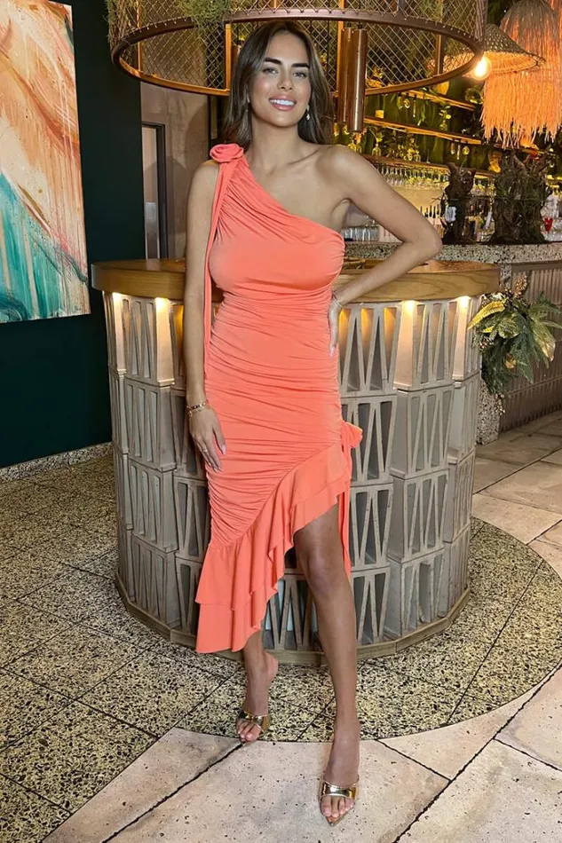 AX Paris Peach One Shoulder Ruched Asymmetrical Frill Midi Dress With Flower Details Women Dresses