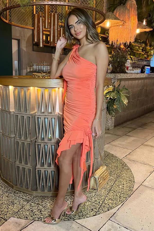 AX Paris Peach One Shoulder Ruched Asymmetrical Frill Midi Dress With Flower Details Women Dresses
