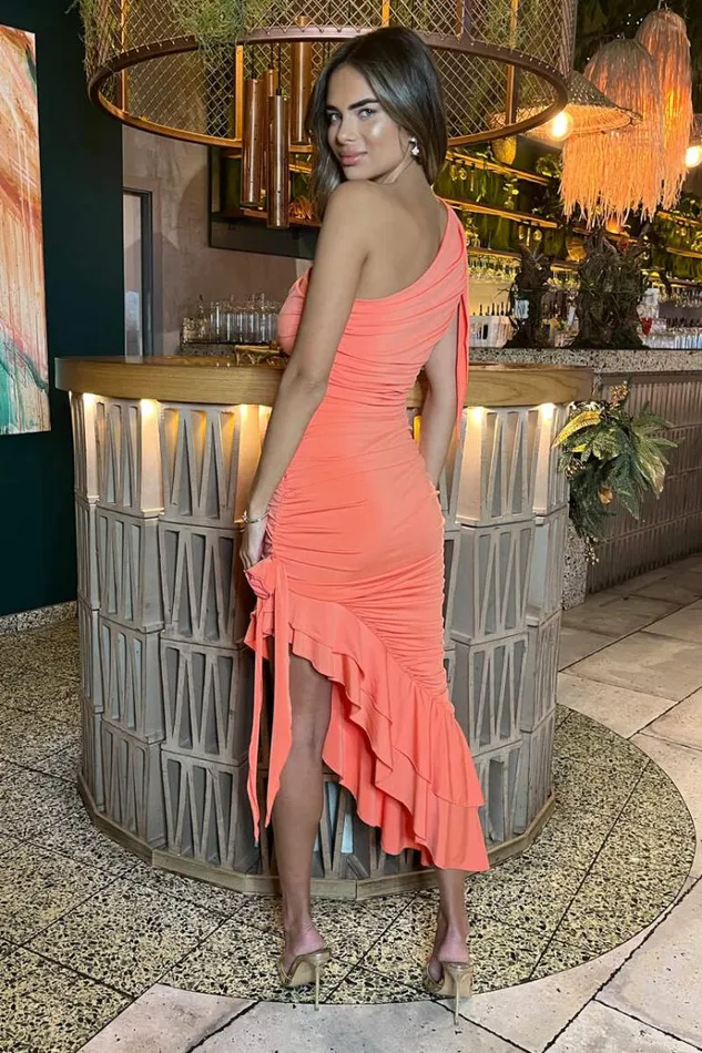 AX Paris Peach One Shoulder Ruched Asymmetrical Frill Midi Dress With Flower Details Women Dresses
