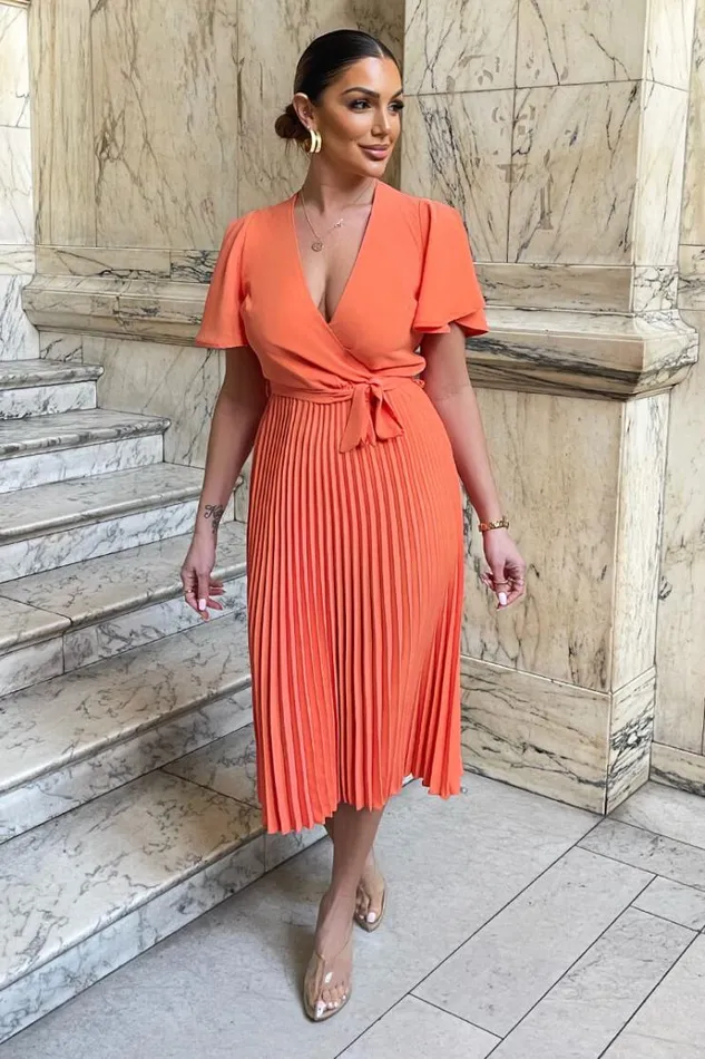 AX Paris Peach Pleated Midi Dress With Tie Waist Women Dresses