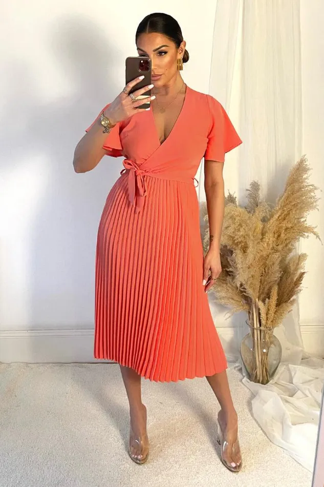 AX Paris Peach Pleated Midi Dress With Tie Waist Women Dresses