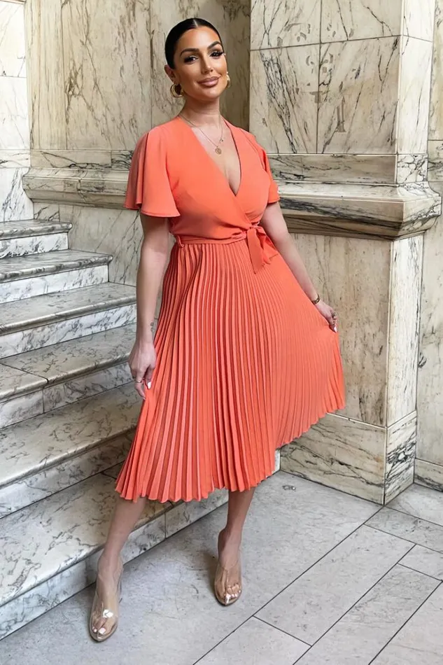 AX Paris Peach Pleated Midi Dress With Tie Waist Women Dresses