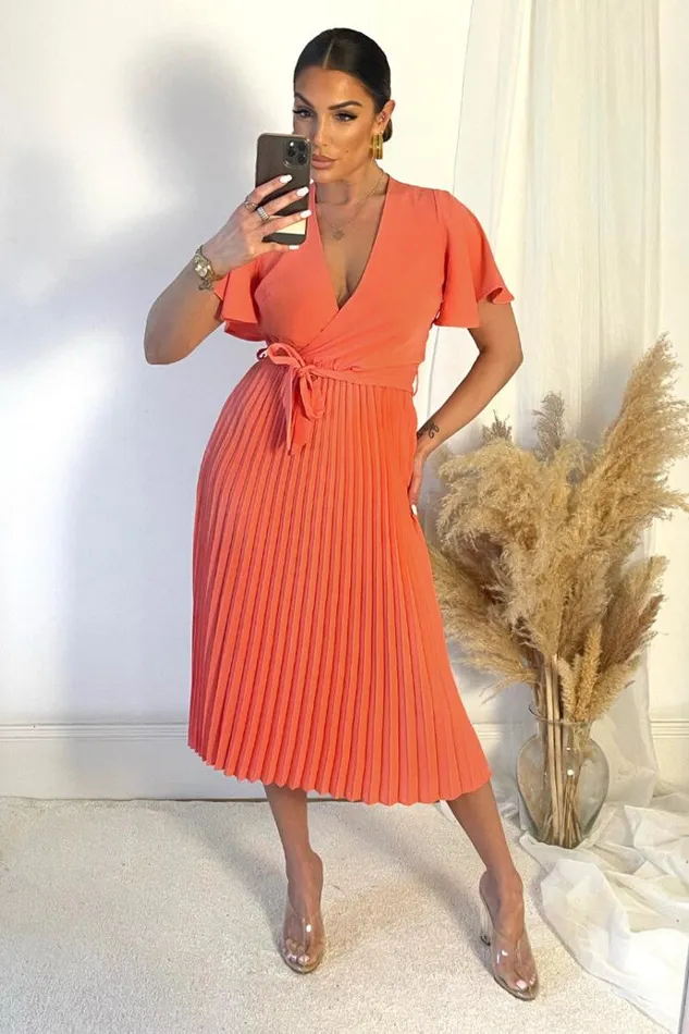 AX Paris Peach Pleated Midi Dress With Tie Waist Women Dresses