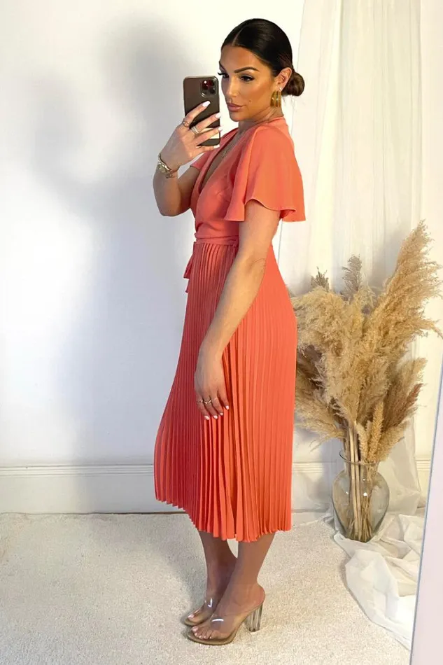 AX Paris Peach Pleated Midi Dress With Tie Waist Women Dresses